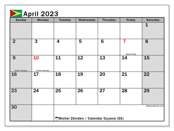 Printable calendar, April 2023, Guyana (SS)