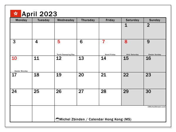 Printable calendar, April 2023, Hong Kong (MS)