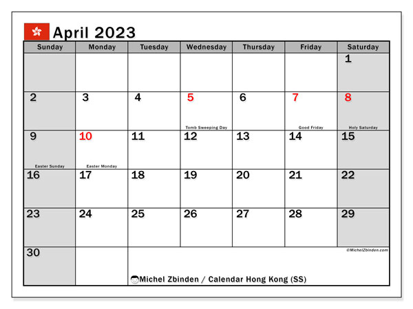 Printable calendar, April 2023, Hong Kong (SS)