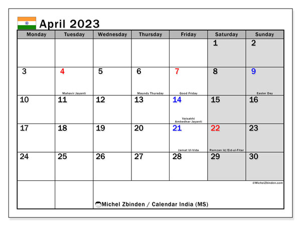 Printable calendar, April 2023, India (MS)