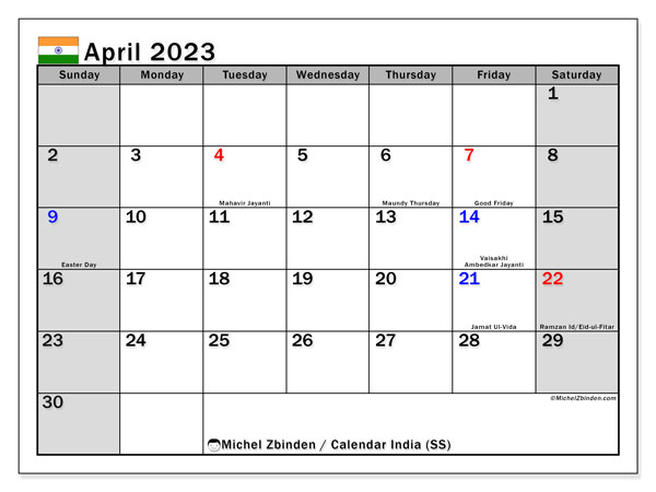 Printable calendar, April 2023, India (SS)