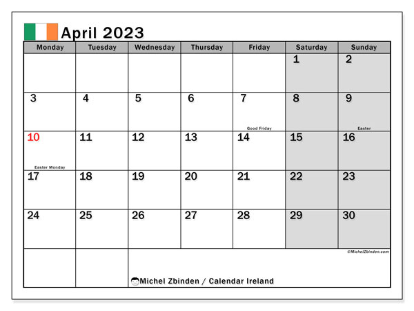 Calendar with Irish public holidays, April 2023, for printing, free. Free program to print