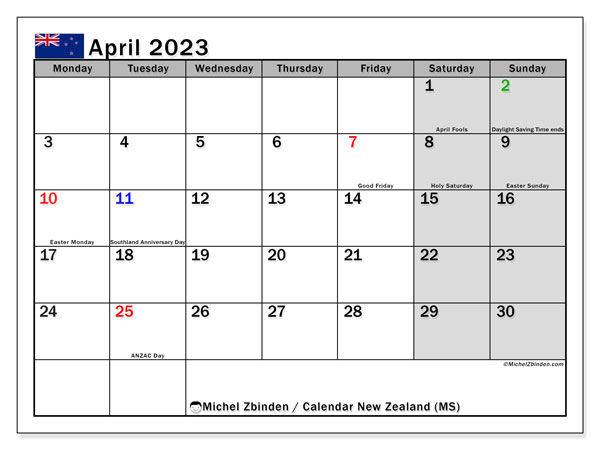 Calendar with New Zealand public holidays, April 2023, for printing, free. Free plan to print