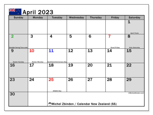 Printable calendar, April 2023, New Zealand (SS)