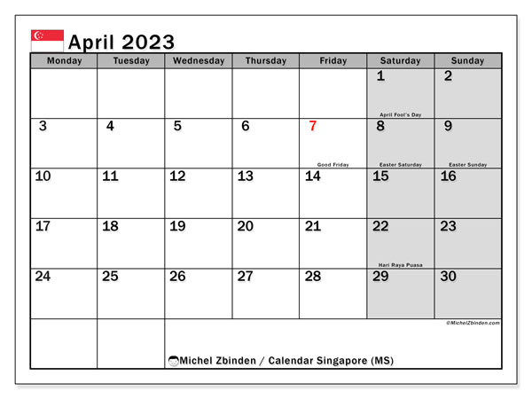 Printable calendar, April 2023, Singapore (MS)