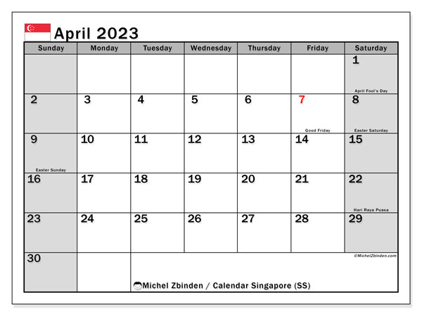 “Singapore (SS)” printable calendar, with public holidays. Monthly calendar April 2023 and free printable timetable.