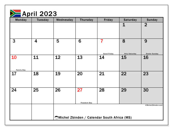 South Africa public holidays calendar, April 2023, for printing, free. Free timetable to print