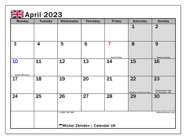 Calendar with UK public holidays, April 2023, for printing, free. Free plan to print
