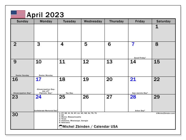 Calendar with US public holidays, April 2023, to print, free. Free agenda to print