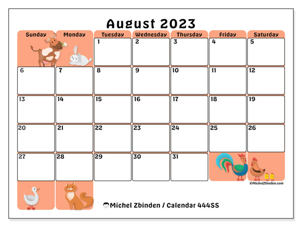 Printable calendar, August 2023, 444SS