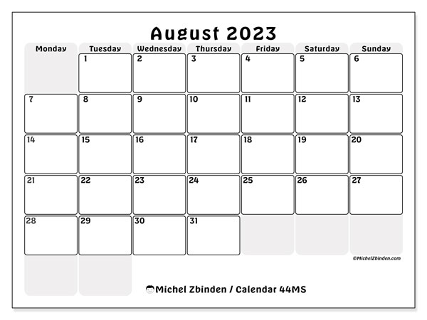 Printable August 2023 calendar. Monthly calendar “44MS” and free timetable to print
