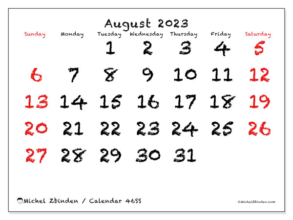 46SS, calendar August 2023, to print, free.