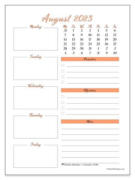 Calendar August 2023, 47MS. Free printable schedule.