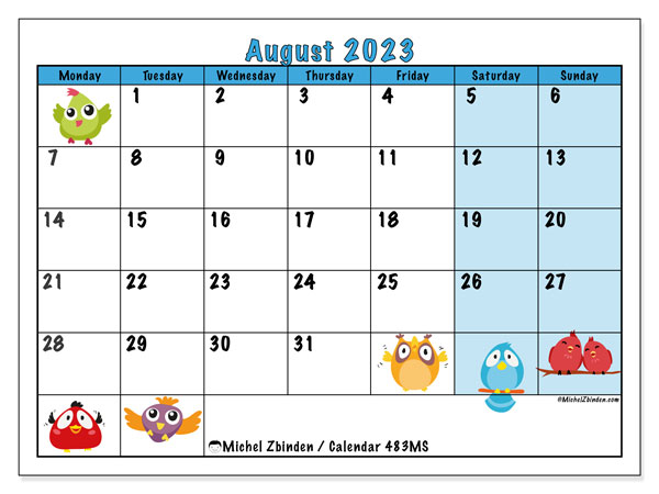 Calendar August 2023 “483”. Free printable plan.. Monday to Sunday