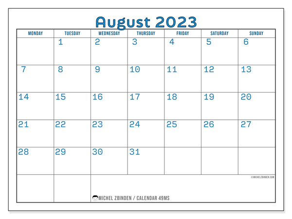 Printable calendar, August 2023, 49MS