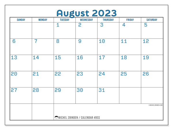 Calendar August 2023, 49SS. Free printable schedule.