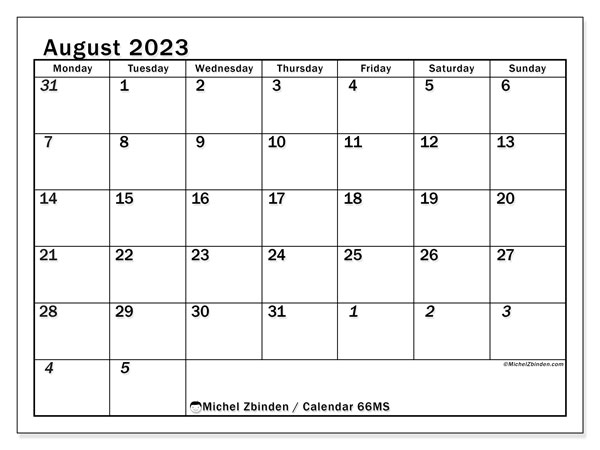 Printable calendar, August 2023, 501MS
