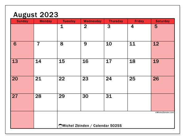Printable calendar, August 2023, 502SS