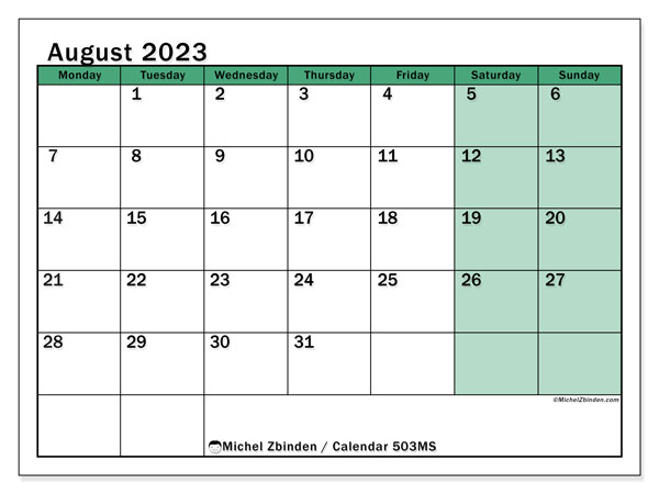 Printable calendar, August 2023, 503MS
