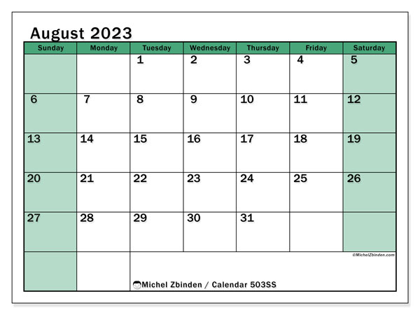 Printable calendar, August 2023, 503SS