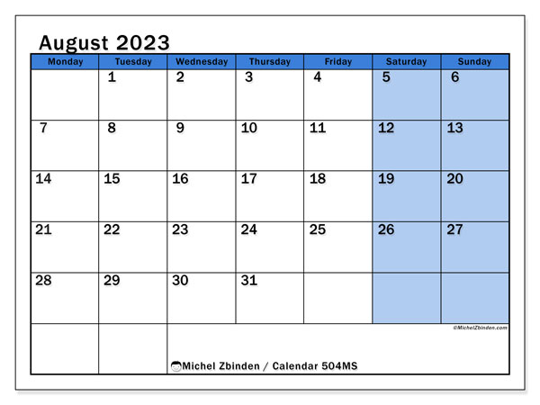 Printable calendar, August 2023, 504MS