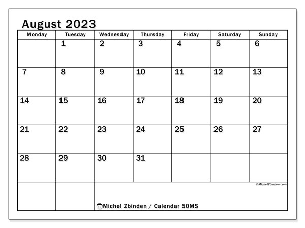 Calendar August 2023, 50MS. Free printable calendar.