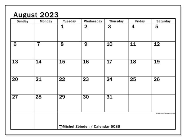 Printable August 2023 calendar. Monthly calendar “50SS” and free printable timetable