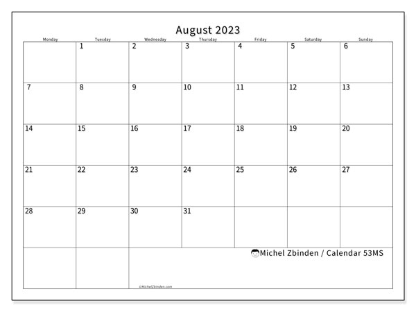 Calendar August 2023, 53MS. Free printable schedule.