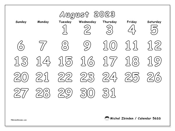 Printable calendar, August 2023, 56SS