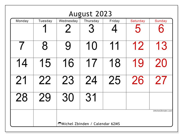Printable calendar, August 2023, 62MS