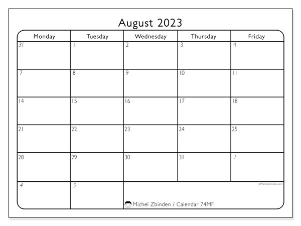 Calendar August 2023, 74MS. Free printable calendar.