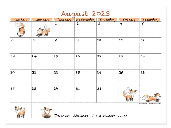 Printable calendar, August 2023, 771SS