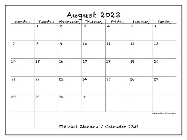 Calendar August 2023, 77MS. Free printable calendar.