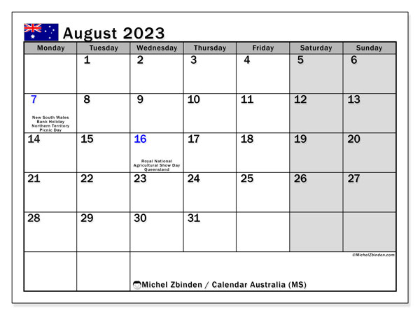 Kalender augusti 2023, Australien (EN). Schema för gratis utskrift.
