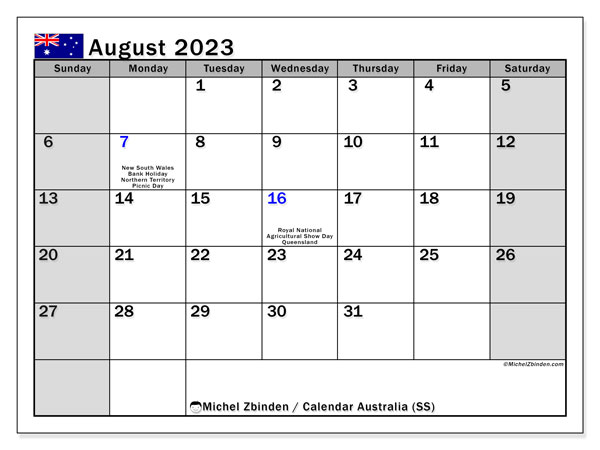 Printable calendar, August 2023, Australia (SS)