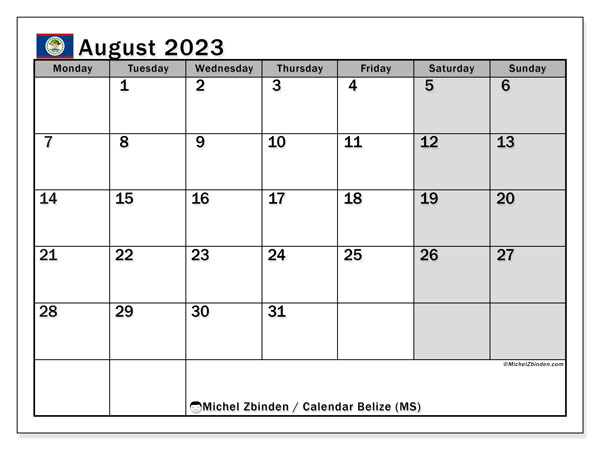 Kalenteri elokuu 2023, Belize (EN). Ilmainen tulostettava ohjelma.