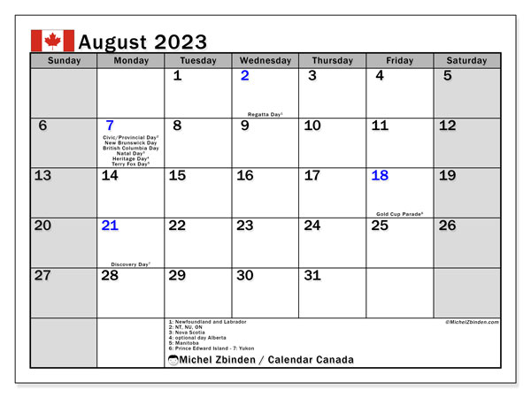 “Canada” printable calendar, with public holidays. Monthly calendar August 2023 and free timetable to print.