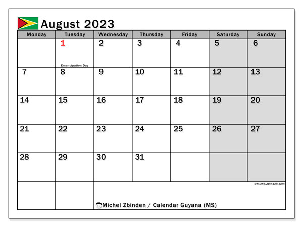 Calendar August 2023, Guyana. Free printable program.