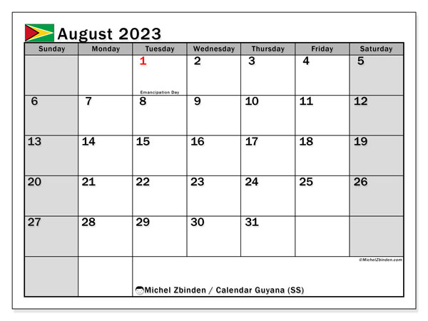Printable calendar, August 2023, Guyana (SS)