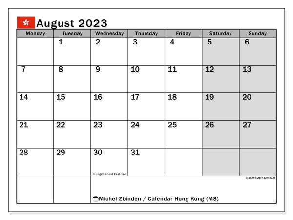 Kalender augustus 2023, Hong Kong (EN). Gratis printbare kaart.