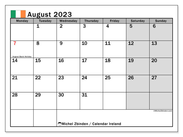 Calendrier août 2023, Irlande (EN), prêt à imprimer et gratuit.