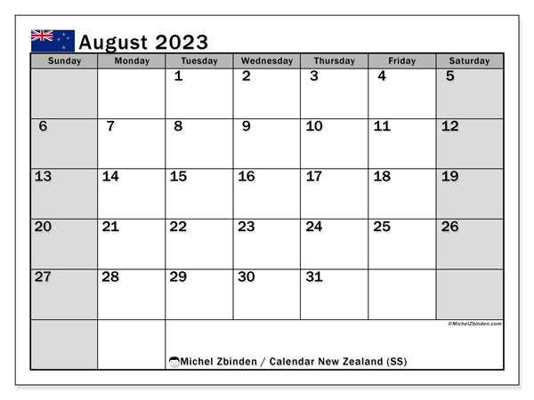 Printable calendar, August 2023, New Zealand (SS)