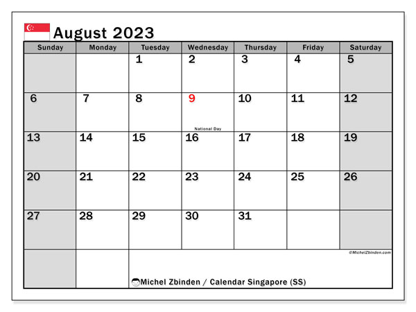 Calendário Agosto 2023, Singapura (EN). Calendário gratuito para imprimir.