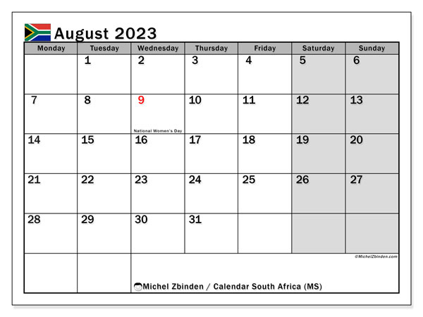 Printable calendar, August 2023, South Africa (MS)