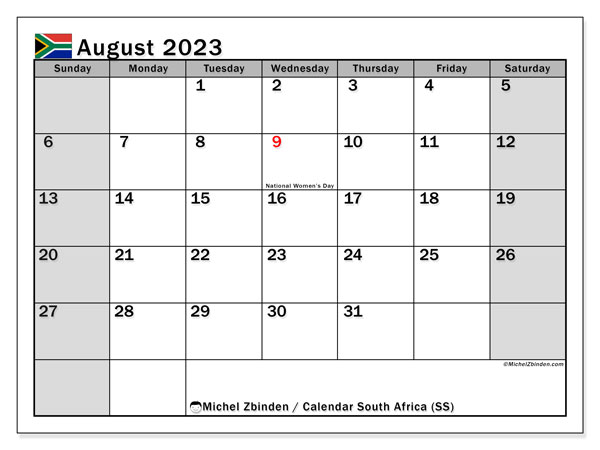 Calendário Agosto 2023, África do Sul (EN). Calendário gratuito para imprimir.