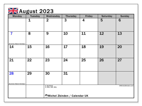 Printable calendar, August 2023, United Kingdom
