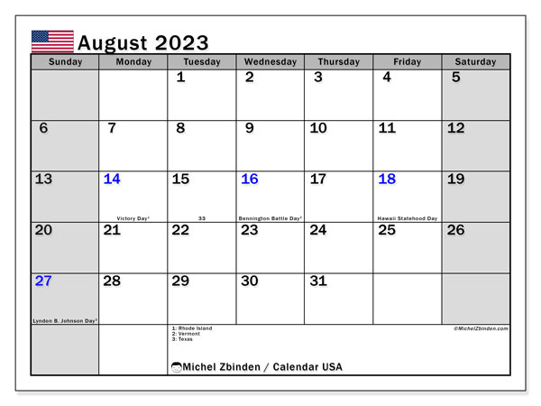 Calendario agosto 2023, Estados Unidos (EN). Programa para imprimir gratis.