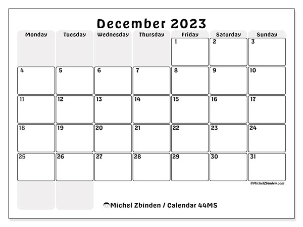 Printable December 2023 calendar. Monthly calendar “44MS” and free agenda to print