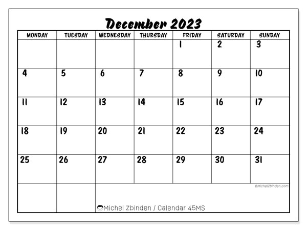 Calendar December 2023, 45MS, ready to print and free.