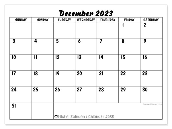 Calendar December 2023 “45”. Free printable plan.. Sunday to Saturday